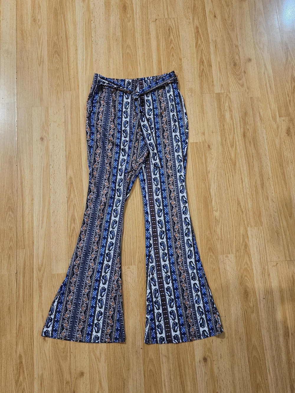 SHEIN SXY Boho Blue and White Paisley Stripe Flare Pants W/ Front Tie Size L